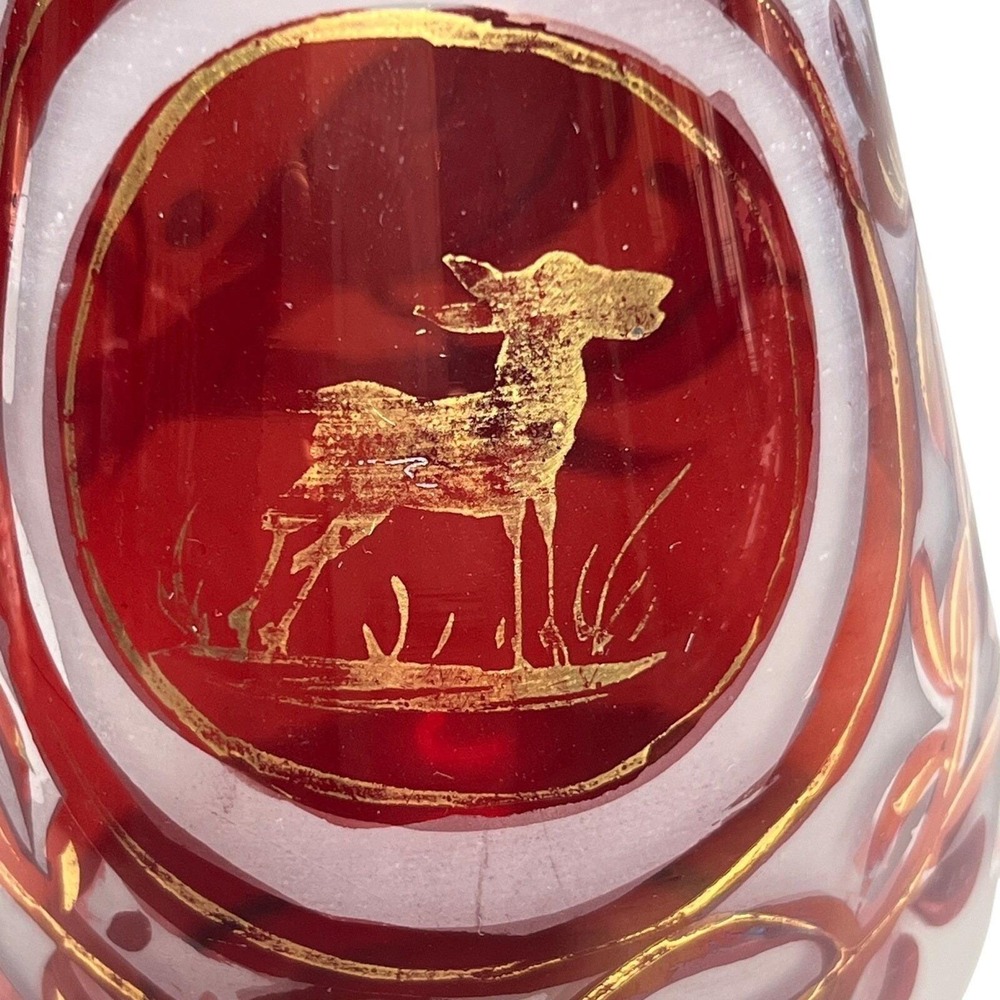 Ruby Red Bohemian Glass Vase Gold Deer and Bird Design‎ Bud Vase Decor Handblown - Picture 4 of 14